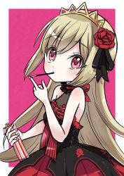 Rule 34 | 1girl, bare shoulders, blonde hair, blush, border, breasts, ecute, eyebrows hidden by hair, flower, food, gothic lolita, hair flower, hair ornament, highres, hihkunhihkun, jashin-chan dropkick, lolita fashion, long hair, looking at viewer, pink background, pocky, red eyes, rose, shiny skin, simple background, small breasts, solo, upper body, white border