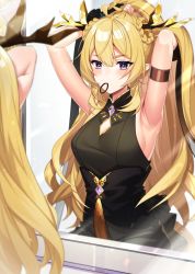 Rule 34 | 1girl, arknights, armband, armpits, arms behind head, arms up, bare shoulders, black dress, black gloves, blonde hair, braid, breasts, bunching hair, cleavage cutout, clothing cutout, dragon horns, dress, fingerless gloves, gloves, gold trim, hair tie in mouth, highres, horns, kinsenka momi, leizi (arknights), long hair, looking at viewer, medium breasts, mirror, mouth hold, pointy ears, ponytail, purple eyes, reflection, sidelocks, sleeveless, sleeveless dress, solo, tassel