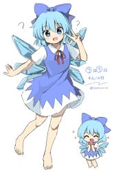 Rule 34 | 1girl, ?, barefoot, blue bow, blue dress, blue eyes, blue hair, blush, bow, cirno, cirno day, closed eyes, collared shirt, dress, fairy, hair bow, highres, ice, ice wings, multiple views, open mouth, ramudia (lamyun), shirt, short hair, short sleeves, smile, sparkle, touhou, twitter username, v, white shirt, wings