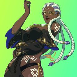 Rule 34 | 1girl, braid, breasts, dark-skinned female, dark skin, dolores (kof), glasses, gradient background, green background, green eyes, jewelry, multicolored hair, round eyewear, simple background, solo, tattoo, the art mage, the king of fighters, the king of fighters xv, two-tone hair