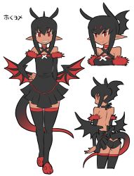 Rule 34 | 1girl, aku-yome, antenna hair, ass, backless outfit, bad id, bad tumblr id, bare shoulders, black thighhighs, blush, character sheet, choker, dark-skinned female, dark skin, demon girl, demon wings, detached sleeves, flat chest, flat color, fur trim, grin, hand on own hip, highres, matsuda yuusuke, mini wings, original, pleated skirt, pointy ears, red eyes, ringed eyes, skirt, slippers, smile, solo, tail, thighhighs, wings