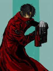 Rule 34 | 1boy, black hair, coat, commission, copyright request, earrings, gloves, green eyes, gumorugensui, gun, hair between eyes, handgun, highres, holding, holding gun, holding weapon, jewelry, looking at viewer, male focus, original, red coat, science fiction, skeb commission, sketch, slit pupils, solo, weapon, white gloves