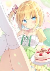 Rule 34 | :q, blonde hair, blue eyes, blue hair, blush, breasts, cake, center frills, closed mouth, commentary, feet out of frame, finger to mouth, food, frills, green skirt, hair between eyes, hand up, happy birthday, highres, knee up, leg up, looking at viewer, medium breasts, multicolored hair, one side up, original, panties, pleated skirt, puffy short sleeves, puffy sleeves, saeki sora, short sleeves, side-tie panties, skirt, smile, striped clothes, striped panties, suspender skirt, suspenders, symbol-only commentary, thighhighs, tongue, tongue out, two-tone hair, underwear, white thighhighs