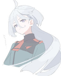 Rule 34 | 1girl, ahoge, blue jacket, closed mouth, cropped torso, grey eyes, grey hair, gundam, gundam suisei no majo, hair between eyes, jacket, kinutani yutaka, long hair, looking at viewer, miorine rembran, simple background, solo, translation request, upper body, white background