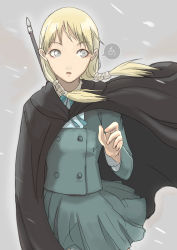 Rule 34 | 00s, 1girl, a (phrase), blonde hair, cape, claymore (series), claymore (sword), cynthia (claymore), face, grey eyes, looking away, low twintails, school uniform, serafuku, snow, snowing, solo, sword, tea (nakenashi), twintails, weapon, wind