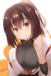 Rule 34 | 1girl, black shirt, brown eyes, brown hair, commentary request, hair ribbon, headband, highres, ise (kancolle), japanese clothes, kamijou sadame, kantai collection, looking at viewer, one-hour drawing challenge, ponytail, ribbon, shirt, short hair, solo, twitter username, two-tone background, undershirt, upper body, white headband