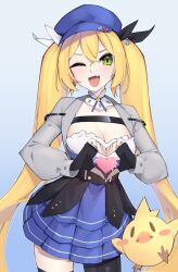 Rule 34 | 1girl, asymmetrical legwear, black pantyhose, black thighhighs, blonde hair, blue headwear, breasts, cleavage, collar, commentary, dokibird (vtuber), dragoon (dokibird), dress, english commentary, fang, fingerless gloves, frilled collar, frills, gloves, goat king, gradient background, green eyes, grey jacket, hat, hat ornament, heart, heart hands, heart hat ornament, highres, indie virtual youtuber, jacket, layered dress, long hair, long sleeves, looking at viewer, medium breasts, one eye closed, open mouth, pantyhose, single leg pantyhose, single thighhigh, skin fang, thighhighs, twintails, uneven legwear, very long hair, virtual youtuber, yellow bird