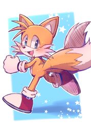 Rule 34 | 1boy, :d, blue eyes, blush, fox boy, furry, furry male, gloves, highres, looking at viewer, male focus, misuta710, multiple tails, open mouth, running, shoes, smile, solo, sonic (series), tail, tails (sonic), two tails, white gloves