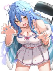 Rule 34 | 1girl, absurdres, ahoge, blue hair, blue jacket, blue nails, blurry, bow, breasts, camisole, chair, claw pose, cleavage, collarbone, cowboy shot, daifuku (yukihana lamy), depth of field, fang, folding chair, frilled camisole, frilled skirt, frills, fur-trimmed jacket, fur-trimmed sleeves, fur trim, hair between eyes, hair ornament, heart, heart ahoge, highres, hololive, jacket, large breasts, leaning forward, long hair, looking at viewer, micon, off shoulder, open mouth, pink bow, pleated skirt, pointy ears, polka dot, polka dot camisole, polka dot skirt, simple background, skirt, smile, solo, striped, v-shaped eyebrows, very long hair, virtual youtuber, white background, white skirt, yellow eyes, yukihana lamy, yukihana lamy (loungewear)
