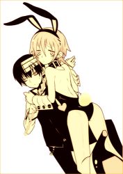 Rule 34 | 00s, 1boy, 1other, androgynous, animal ears, ass, back, bare back, bare shoulders, black hair, chain, collar, crona (soul eater), cuff links, death the kid, dutch angle, fake animal ears, fake tail, gender request, hair between eyes, hairband, high heels, jitome, kneeling, legs, leotard, looking back, lowres, monochrome, multicolored hair, playboy bunny, rabbit ears, rabbit tail, sanpaku, shoes, short hair, soul eater, tail, two-tone hair, white hair