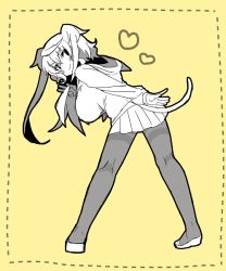 Rule 34 | &gt;:), 1girl, black pantyhose, breasts, elsie-san (oshiruko), hanging breasts, heart, hood, hoodie, kneepits, large breasts, long hair, miniskirt, monochrome, original, oshiruko (tsume), pantyhose, shoes, skirt, smile, smirk, solo, tail, two side up, v, v-shaped eyebrows, yellow background, yellow theme