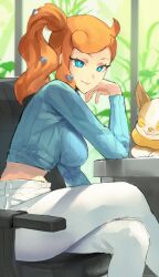 Rule 34 | 1girl, absurdres, aqua eyes, armchair, blue sweater, breasts, chair, closed mouth, creatures (company), crossed legs, game freak, gen 8 pokemon, hair ornament, heart, heart hair ornament, highres, indoors, large breasts, long hair, long sleeves, looking at viewer, midriff, nintendo, on chair, orange hair, pants, pokemon, pokemon (creature), pokemon swsh, ribbed sweater, side ponytail, smile, sonia (pokemon), sweater, table, tommy (kingdukeee), white pants, yamper