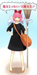 Rule 34 | 1girl, alternate hairstyle, bag, black dress, blue background, blue eyes, blush, bow, broom, circe (fate), commentary request, cosplay, dress, fate/grand order, fate (series), fou (fate), hair bow, halftone, halftone background, hand on own hip, highres, holding, kiki (majo no takkyuubin), kiki (majo no takkyuubin) (cosplay), looking at viewer, majo no takkyuubin, multicolored hair, nyokichi (nyokitto!), open mouth, orange footwear, pigeon-toed, pink eyes, pink hair, pointy ears, red bow, shoes, short hair, shoulder bag, solo, standing, translation request
