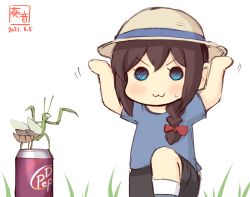 Rule 34 | 1girl, :3, alternate costume, arms up, artist logo, blue eyes, blue shirt, braid, brown hair, can, dated, grass, hair over shoulder, hair ribbon, hat, highres, kanon (kurogane knights), kantai collection, one-hour drawing challenge, praying mantis, red ribbon, ribbon, shigure (kancolle), shirt, short hair, short sleeves, single braid, smile, standing, standing on one leg, sun hat, white background