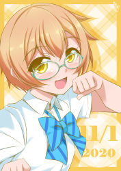 Rule 34 | 1girl, absurdres, artist name, artist request, bb/bj, blue bow, blush, bow, bowtie, breasts, bunji, clenched hands, collared shirt, dated, female focus, glasses, green eyes, hair between eyes, highres, hoshizora rin, looking at viewer, love live!, love live! school idol project, medium breasts, orange hair, otonokizaka school uniform, parted lips, school uniform, shirt, short hair, smile, solo, striped, striped bow, upper body, white shirt, yellow eyes