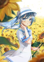 Rule 34 | 1girl, absurdres, blue eyes, blue hair, blurry, blurry foreground, blush, building, cloud, collared dress, dress, falling petals, field, flower, flower field, hand on own cheek, hand on own face, hat, hat ribbon, hatsune miku, highres, holding, holding flower, long hair, looking at viewer, nagitofuu, necktie, open mouth, petals, ribbon, short sleeves, sky, solo, summer memories (module), sunflower, sunflower field, time machine (vocaloid), twintails, vocaloid, wind