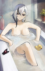Rule 34 | 1girl, arlecchino (genshin impact), bath, bathing, bathtub, black eyes, black hair, breasts, closed mouth, commentary, english commentary, expressionless, genshin impact, highres, knee up, large breasts, long hair, looking at viewer, multicolored hair, nude, partially submerged, plant, potted plant, reclining, rubber duck, solo, two-tone hair, white hair, x x, yellow glasses (odivichno)