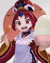 Rule 34 | 1girl, apron, benienma (fate), beppu mitsunaka, bird hat, bowl, brown eyes, brown hair, fate/grand order, fate (series), low ponytail, open mouth, rice, rice bowl, shamoji, solo, wide sleeves