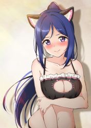 Rule 34 | 1girl, absurdres, animal ear fluff, animal ears, bad id, bad twitter id, black bra, blue hair, blush, bra, breast hold, breasts, cat cutout, cat ears, cat lingerie, cleavage cutout, clothing cutout, collarbone, embarrassed, frilled bra, frills, highres, lingerie, long hair, looking at viewer, love live!, love live! sunshine!!, matsuura kanan, medium breasts, meme attire, oku 1225, ponytail, purple eyes, solo, underwear, underwear only
