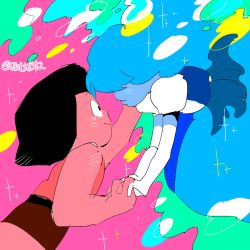 Rule 34 | 0wa0, 2girls, afro, bad id, bad twitter id, blue hair, blue skin, colored skin, couple, elbow gloves, floating, gloves, hair over eyes, interlocked fingers, long hair, looking at another, multicolored background, multiple girls, parted lips, red skin, ruby (steven universe), sapphire (steven universe), shorts, smile, spoilers, steven universe, tank top, twitter username, yuri