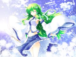 Rule 34 | 1girl, bare shoulders, breasts, detached sleeves, dress, closed eyes, female focus, floating hair, frog, gohei, green hair, hair ornament, highres, japanese clothes, kochiya sanae, long hair, medium breasts, midriff, miko, navel, oonusa, osashin (osada), outstretched arms, skirt, snake, solo, spread arms, touhou, wide sleeves, wind