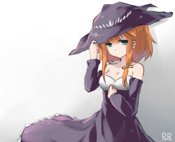 Rule 34 | 1girl, aqua eyes, artist name, bare shoulders, black souls, breasts, cleavage, closed mouth, detached sleeves, dorothy (black souls), dress, eyes visible through hair, frilled dress, frills, gradient background, hair ribbon, hand on headwear, hat, highres, long hair, long sleeves, looking away, looking to the side, medium breasts, orange hair, pupa jiang, purple dress, purple hat, ribbon, solo, strapless, strapless dress, witch hat, yellow ribbon
