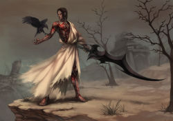 Rule 34 | 1boy, abs, ancient greek clothes, bare tree, barefoot, bird, black hair, crow, dark-skinned male, dark skin, desert, fingernails, highres, himation, male focus, muscular, nature, outdoors, plant, ruins, scarlet desires, scp-076-2, scp foundation, sharp fingernails, sky, solo, sword, tattoo, toga, tree, weapon