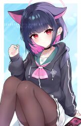 Rule 34 | 1girl, :/, animal ears, arm support, artist name, black choker, black hair, black hoodie, blue archive, blue background, blunt bangs, blush, bob cut, breasts, brown pantyhose, cat ears, cellphone, choker, closed mouth, collarbone, colored inner hair, drawstring, earbuds, earphones, extra ears, feet out of frame, green sailor collar, hair ornament, hairclip, halo, hand up, highres, holding, hood, hood down, hoodie, jacket, kazusa (blue archive), knees together feet apart, knees up, long sleeves, looking at viewer, medium breasts, medium hair, miniskirt, multicolored hair, neckerchief, pantyhose, pendant choker, phone, pink hair, pink neckerchief, pleated skirt, puffy sleeves, red eyes, sailor collar, school uniform, serafuku, shirt, sidelocks, sitting, skirt, sleeves past wrists, smartphone, solo, thighband pantyhose, thighs, two-tone hair, watermark, white skirt, yuniepix