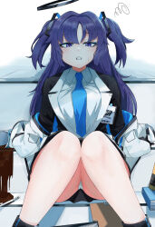 Rule 34 | 1girl, black footwear, black gloves, black skirt, blue archive, blue necktie, blush, boots, breasts, coffee, collared shirt, cup, feet out of frame, formal, gloves, halo, highres, id card, jacket, large breasts, long hair, looking at viewer, mechanical halo, necktie, open mouth, panties, pleated skirt, purple eyes, purple hair, shirt, skirt, solo, suit, two-sided fabric, two-sided jacket, two side up, underwear, white jacket, white panties, white shirt, yuindesu, yuuka (blue archive)