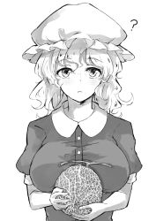 Rule 34 | 1girl, ?, breasts, buttons, collared shirt, commentary request, deetamu, fingernails, food, frown, fruit, greyscale, hat, highres, holding, holding food, holding fruit, large breasts, looking at viewer, maribel hearn, medium hair, melon, mob cap, monochrome, puffy short sleeves, puffy sleeves, shirt, short sleeves, simple background, solo, spoken question mark, touhou, upper body