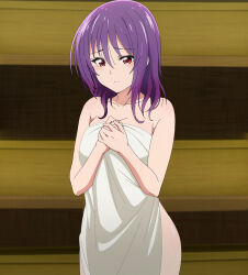 Rule 34 | 1girl, absurdres, aoba yuzuki, bare shoulders, blush, breasts, cleavage, collarbone, highres, large breasts, looking at viewer, medium hair, naked towel, purple hair, red eyes, screencap, stitched, temple (series), thighs, third-party edit, towel