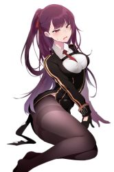 1girl, absurdres, arched back, bad id, bad twitter id, between breasts, black gloves, blush, breasts, eyebrows visible through hair, full body, girls frontline, gloves, highres, long hair, medium breasts, necktie, necktie between breasts, no shoes, open mouth, pantyhose, pocari sweat (artist), purple hair, red eyes, side ponytail, sitting, sweat, thighs, wa2000 (girls frontline), white background