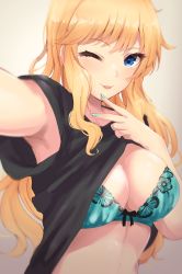 Rule 34 | 1girl, aqua bra, black shirt, blonde hair, blue eyes, blush, bra, breasts, cleavage, closed mouth, clothes lift, gradient background, highres, idolmaster, idolmaster cinderella girls, large breasts, long hair, looking at viewer, ohtsuki yui, one eye closed, outstretched arm, ryuu., selfie, shirt, shirt lift, short sleeves, smile, solo, t-shirt, tongue, tongue out, underwear, v, wavy hair