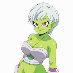 Rule 34 | 10s, 1girl, animated, animated gif, areola slip, armor, bouncing breasts, breasts, cheelai, cleavage, colored nipples, colored skin, dragon ball, dragon ball super, female focus, flashing, gloves, green nipples, green skin, grin, hip focus, impossible clothes, large breasts, lewdamone, looking at viewer, navel, no bra, out-of-frame censoring, parted lips, purple eyes, shiny skin, short hair, simple background, smile, solo, standing, teeth, white background, white hair