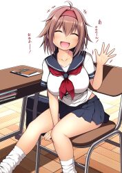 Rule 34 | 1girl, absurdres, bag, black sailor collar, black skirt, blush, book, breasts, brown hair, chair, closed eyes, collarbone, desk, facing viewer, feet out of frame, floor, hair between eyes, hairband, highres, kantai collection, kuromayu, large breasts, neckerchief, open mouth, pleated skirt, red hairband, red neckerchief, sailor collar, school bag, school chair, school desk, school uniform, serafuku, shiratsuyu (kancolle), short hair, short sleeves, sitting, skirt, smile, socks, solo, translation request, white socks