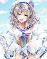 Rule 34 | 10s, 1girl, akatsuki hijiri, arms between legs, bare shoulders, blue eyes, blush, breasts, cleavage, collarbone, day, dress, hat, kantai collection, kashima (kancolle), long hair, medium breasts, open mouth, outdoors, sailor collar, silver hair, sky, solo, twintails, wavy hair, white dress, white hat, wind, wind lift