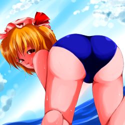 Rule 34 | 1girl, all fours, ass, bad id, bad pixiv id, bent over, blonde hair, blue sky, cloud, day, dripping, flandre scarlet, from behind, hat, hat ribbon, hideki (itsuki xx), looking at viewer, looking back, mob cap, one-piece swimsuit, red eyes, ribbon, school swimsuit, short hair, side ponytail, sky, solo, swimsuit, touhou, water, wet