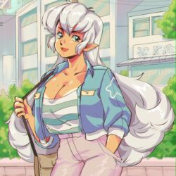 Rule 34 | 1990s (style), 1girl, ayshiun, bikini tan, blue eyes, breasts, casual, cleavage, commentary, cropped jacket, day, denim, elf, english commentary, flipped hair, hand in own hair, high-waist pants, jeans, large breasts, long hair, looking at viewer, mole, mole on breast, noko (ayshiun), open mouth, original, pants, pointy ears, retro artstyle, silver hair, solo, strap, striped, tan, tanline