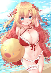 Rule 34 | 1girl, :o, absurdres, akai haato, bikini, blonde hair, blue eyes, blue sky, blush, breasts, bridal garter, cleavage, front-tie bikini top, front-tie top, haaton (akai haato), hair ornament, heart, heart hair ornament, heart necklace, highres, hololive, jewelry, kanti15, large breasts, long hair, necklace, ocean, sand, side-tie bikini bottom, sky, solo, swimsuit, very long hair, virtual youtuber