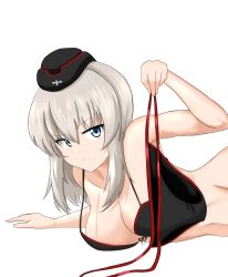 Rule 34 | 1girl, aikir (jml5160), arm support, black bra, black hat, blue eyes, bow, bow bra, bra, breasts, cleavage, closed mouth, commentary, frown, garrison cap, girls und panzer, glaring, half-closed eyes, hat, holding, holding clothes, holding panties, holding underwear, insignia, itsumi erika, kuromorimine military uniform, long hair, looking at viewer, lying, medium breasts, military, military hat, military uniform, on stomach, panties, side-tie panties, silver hair, simple background, solo, underwear, uniform, white background