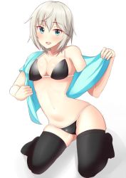 Rule 34 | 10s, 1girl, anastasia (idolmaster), arched back, bikini, bikini under clothes, black bikini, black thighhighs, blue eyes, blue shirt, blush, breasts, cleavage, collarbone, commentary request, eyelashes, hip focus, idolmaster, idolmaster cinderella girls, kneeling, looking at viewer, medium breasts, navel, off shoulder, open clothes, open mouth, open shirt, shirt, short hair, silver hair, simple background, smile, solo, suzutarou gunsou, swimsuit, thighhighs, white background