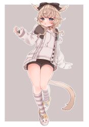 Rule 34 | 1girl, :p, absurdres, animal ears, animal slippers, bell, black choker, black jacket, black shorts, blue eyes, braid, brown jacket, cat ears, cat girl, cat tail, chitose (chi candy), choker, final fantasy, final fantasy xiv, fingerless gloves, gloves, highres, hood, hood down, hoodie, jacket, jingle bell, light brown hair, long sleeves, looking at viewer, medium hair, miqo&#039;te, multicolored clothes, multicolored jacket, neck bell, open clothes, open jacket, paw print, paw print palms, short shorts, shorts, simple background, slippers, tail, tongue, tongue out, twin braids, warrior of light (ff14), white gloves, white hoodie, white jacket