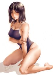 Rule 34 | 1girl, arm strap, arm under breasts, barefoot, black hair, blush, breasts, cleavage, clenched teeth, collarbone, commentary request, competition school swimsuit, dark-skinned female, dark skin, dated, hera (lioreo), kneeling, large breasts, lioreo, looking at viewer, medium hair, original, parted bangs, parted lips, red eyes, school swimsuit, shadow, shiny skin, signature, simple background, solo, swimsuit, teeth, tiara, white background