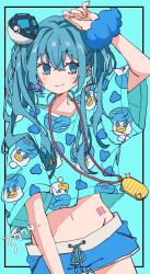 Rule 34 | 1girl, 3774., blue eyes, blue hair, blue shorts, blush, candy, character print, commentary, creatures (company), crop top, earrings, game freak, hatsune miku, highres, jewelry, long hair, midriff, necklace, nintendo, pokemon, quaxly, shorts, smile, solo, twintails, vocaloid, wrapped candy, yellow nails