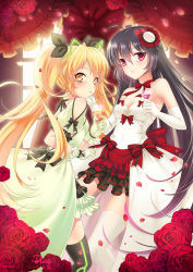 Rule 34 | 2girls, black hair, black legwear, blonde hair, blue (ao maru), breasts, cleavage, detached sleeves, dress, glass, gloves, green dress, green gloves, hair ornament, highres, holding, long hair, looking at viewer, multiple girls, red eyes, smile, strapless, strapless dress, thighhighs, twintails, white dress, white legwear, yellow eyes