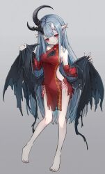 Rule 34 | 1girl, bare shoulders, barefoot, breasts, china dress, chinese clothes, detached sleeves, dress, grey background, grey hair, hair between horns, highres, horns, kajaneko, long hair, looking at viewer, low wings, medium breasts, original, pale skin, pointy ears, red eyes, solo, torn clothes, wings