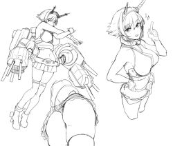 Rule 34 | 1girl, :d, arm across chest, ass, bare shoulders, belt, boots, breasts, collar, cropped legs, cross-body stretch, flipped hair, from behind, from below, gloves, greyscale, hand on own hip, hareno chiame, headgear, index finger raised, kantai collection, large breasts, looking at viewer, midriff, miniskirt, monochrome, multiple views, mutsu (kancolle), navel, open mouth, panties, pantyshot, pleated skirt, rigging, rudder footwear, short hair, simple background, sketch, skindentation, skirt, sleeveless, smile, smokestack, stomach, stretching, thighhighs, turret, underwear, white background