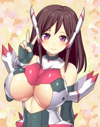 Rule 34 | 1girl, asamura hiori, bare shoulders, blush, breasts, brown hair, elbow gloves, fingerless gloves, gloves, hair ornament, highres, huge breasts, izumi rina, large breasts, long hair, looking at viewer, open mouth, phantasy star, phantasy star online 2, phantasy star online 2 (anime), phantasy star online 2 the animation, smile, solo, v