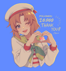 Rule 34 | 1girl, :d, ;d, blue background, blue eyes, brown hair, commentary request, cropped torso, dated, english text, hands up, hat, heart, heart hands, higurashi no naku koro ni, long sleeves, looking at viewer, milestone celebration, neckerchief, noriuma, one eye closed, open clothes, open mouth, open shirt, puffy long sleeves, puffy sleeves, ribbon, sailor collar, shirt, short hair, signature, simple background, smile, solo, striped clothes, striped shirt, teeth, thank you, upper body, upper teeth only, white hat, white shirt