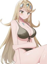 Rule 34 | 1girl, bare arms, bare shoulders, bikini, black bikini, blush, breasts, brown eyes, cleavage, closed mouth, commentary request, feet out of frame, front-tie top, headpiece, highres, large breasts, light brown hair, long hair, looking at viewer, mizukoromo, mythra (xenoblade), simple background, sitting, smile, solo, swimsuit, very long hair, white background, xenoblade chronicles (series), xenoblade chronicles 2